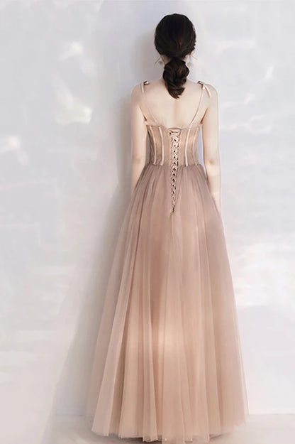 Pink Tulle Long A-Line Prom Dress with Lace Pink Evening Party Dress