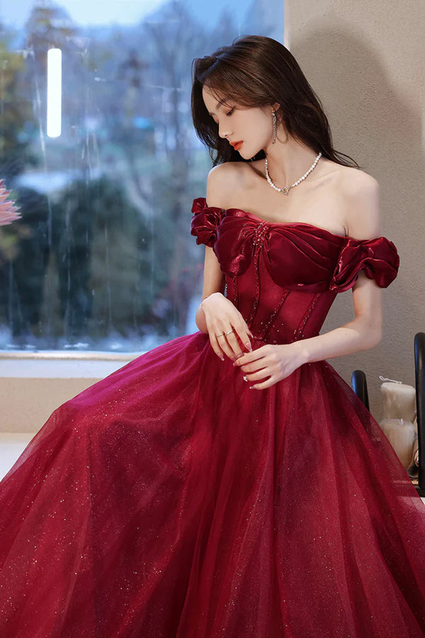 Burgundy Off the Shoulder Prom Dress Sparkly Party Dress A-line Evening Dress