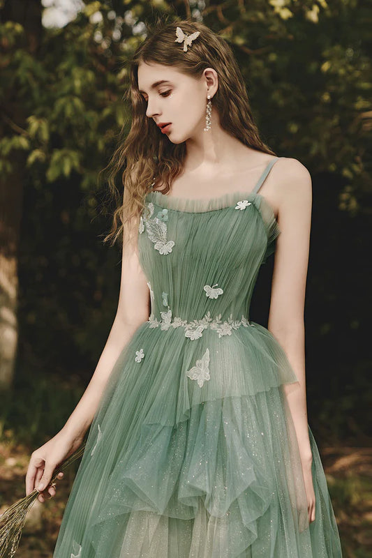 Green Tulle Long A-Line Prom Dress with Lace Beautiful Spaghetti Strap Graduation Dress