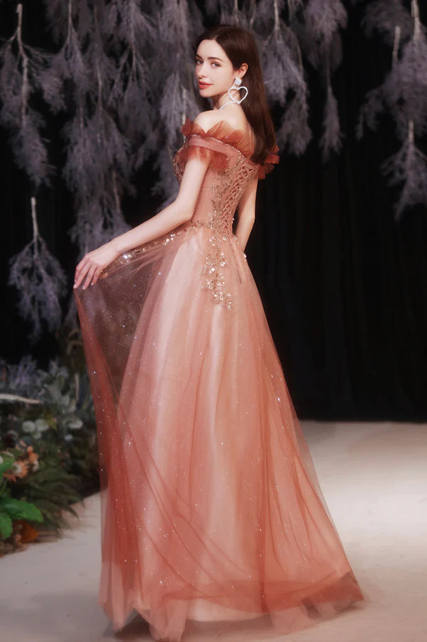 Shiny Tulle Long A-Line Prom Dress with Sequins Off the Shoulder Evening Dress