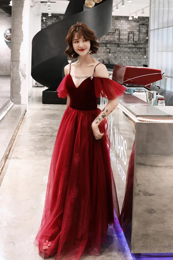 Burgundy A-Line Spaghetti Straps Long Prom Dress Simple V-Neck Evening Dress