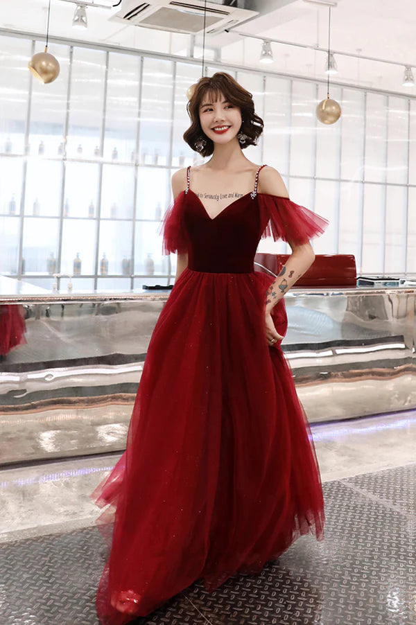 Burgundy A-Line Spaghetti Straps Long Prom Dress Simple V-Neck Evening Dress