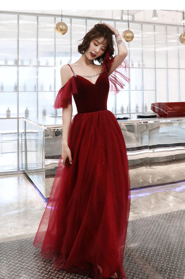 Burgundy A-Line Spaghetti Straps Long Prom Dress Simple V-Neck Evening Dress