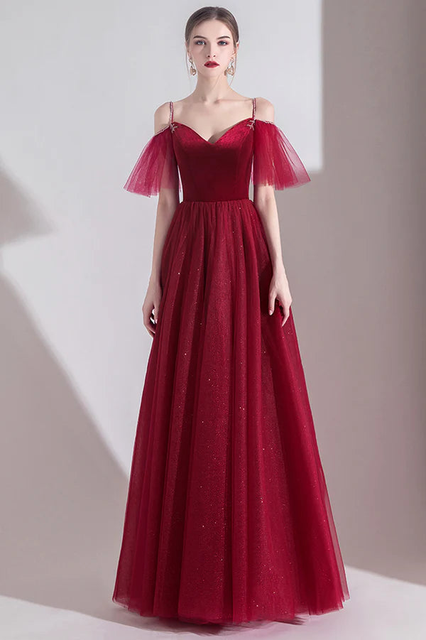 Burgundy Velvet Tulle Long A-Line Prom Dress V-Neck Evening Dress