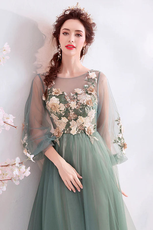 Green Scoop Neckline Lace Evening Dress A-Line Long Sleeve Prom Dress