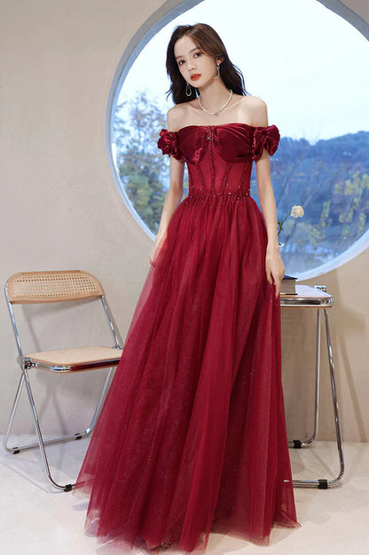 Burgundy Off the Shoulder Prom Dress Sparkly Party Dress A-line Evening Dress