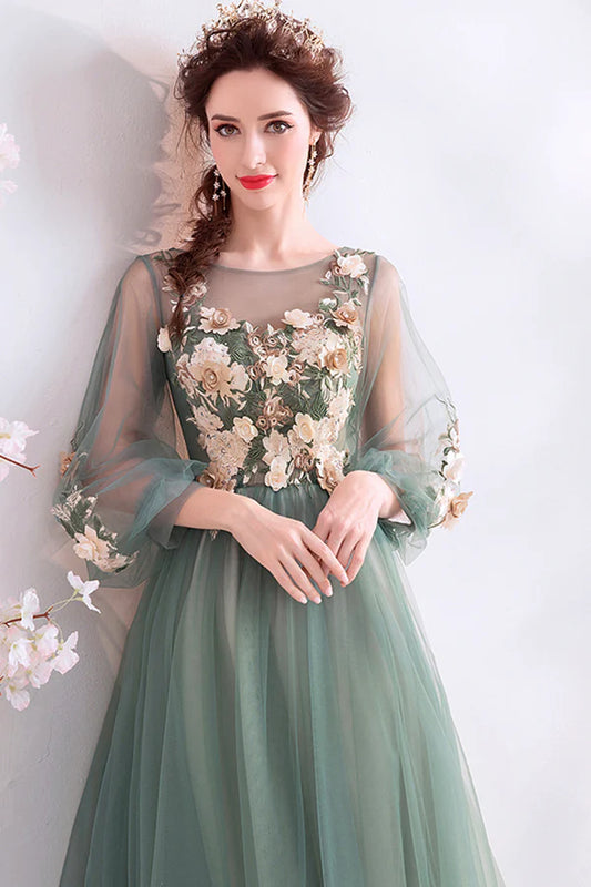 Green Scoop Neckline Lace Evening Dress A-Line Long Sleeve Prom Dress