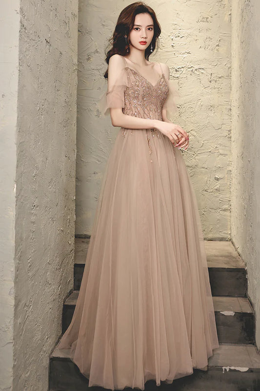 A-Line Tulle Long Prom Dress with Beaded V-Neck Spaghetti Straps Evening Dress