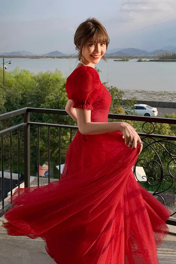 Red Tulle Long A-Line Prom Dress Cute Short Sleeve Graduation Dress