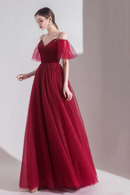 Burgundy Velvet Tulle Long A-Line Prom Dress V-Neck Evening Dress