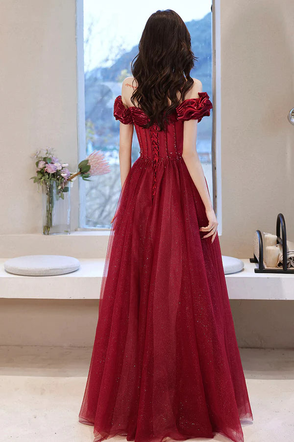 Burgundy Off the Shoulder Prom Dress Sparkly Party Dress A-line Evening Dress