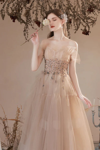 Champagne Strapless Tulle Long Prom Dress with Beaded A-Line Evening Party Dress