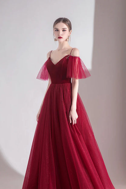 Burgundy Velvet Tulle Long A-Line Prom Dress V-Neck Evening Dress