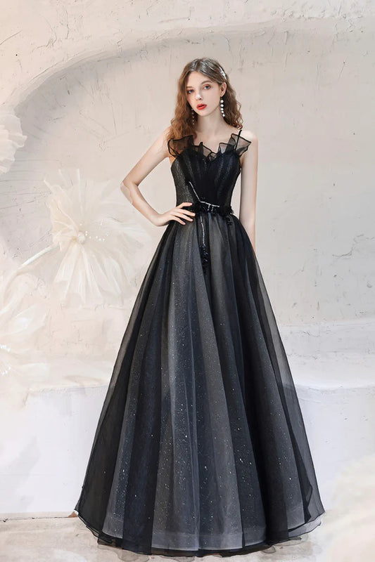 Black Tulle Long A-Line Prom Dress A-Line Spaghetti Strap Evening Party Dress