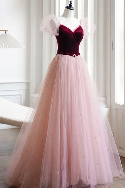 A-Line Velvet Tulle Long Prom Dress Pink Short Sleeve Formal Evening Dress