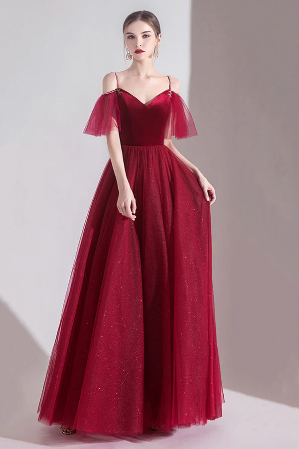 Burgundy Velvet Tulle Long A-Line Prom Dress V-Neck Evening Dress