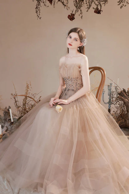 Champagne Strapless Tulle Long Prom Dress with Beaded A-Line Evening Party Dress