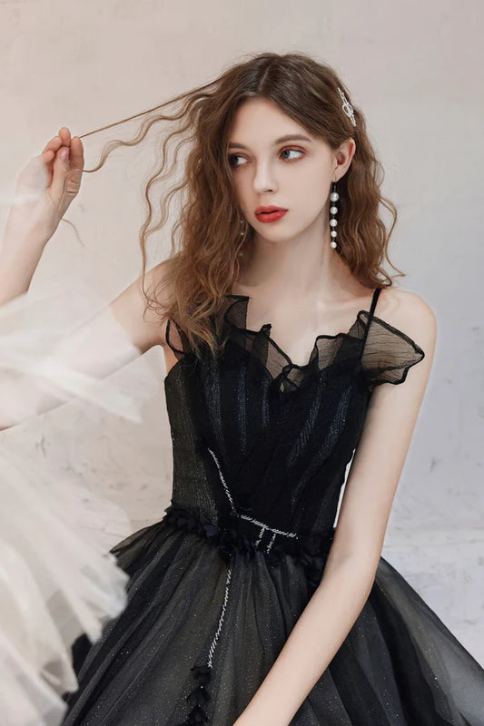 Black Tulle Long A-Line Prom Dress A-Line Spaghetti Strap Evening Party Dress