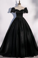 Black Satin Long Prom Dress Black A-Line Short Sleeve Evening Dress