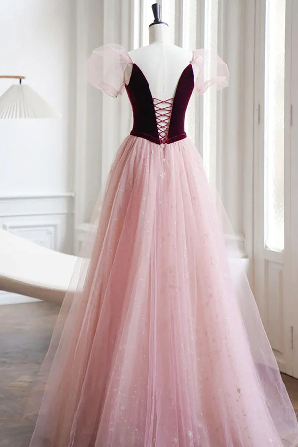 A-Line Velvet Tulle Long Prom Dress Pink Short Sleeve Formal Evening Dress