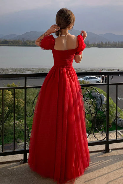 Red Tulle Long A-Line Prom Dress Cute Short Sleeve Graduation Dress