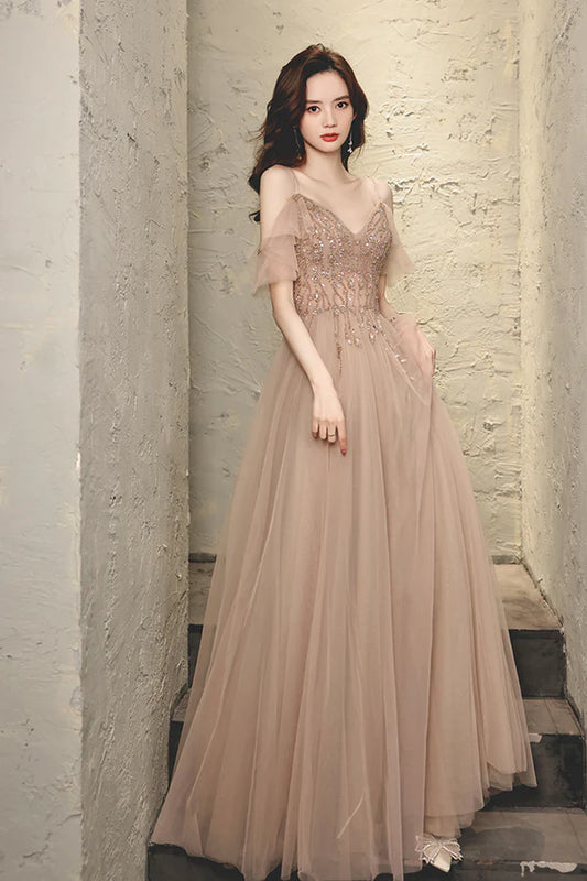 A-Line Tulle Long Prom Dress with Beaded V-Neck Spaghetti Straps Evening Dress