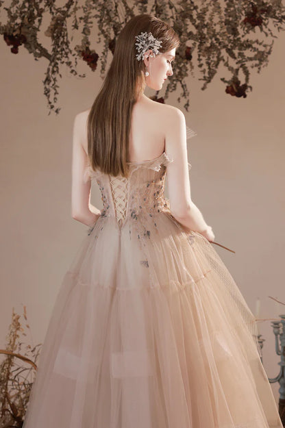 Champagne Strapless Tulle Long Prom Dress with Beaded A-Line Evening Party Dress