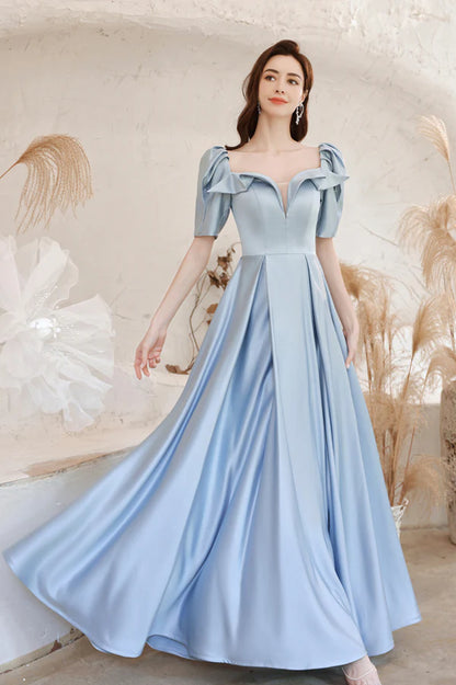 Blue Satin Long A-Line Prom Dress Blue Short Sleeve Evening Dress