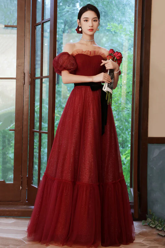 Burgundy Tulle Long A-Line Prom Dress Off the Shoulder Evening Dress