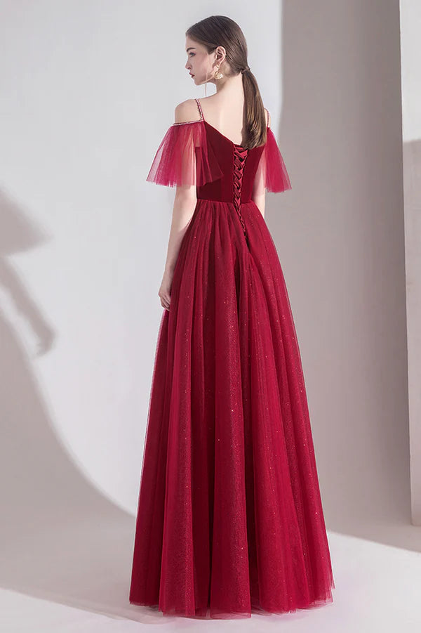 Burgundy Velvet Tulle Long A-Line Prom Dress V-Neck Evening Dress