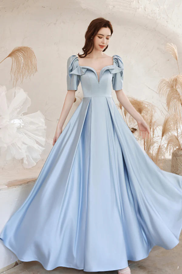 Blue Satin Long A-Line Prom Dress Blue Short Sleeve Evening Dress