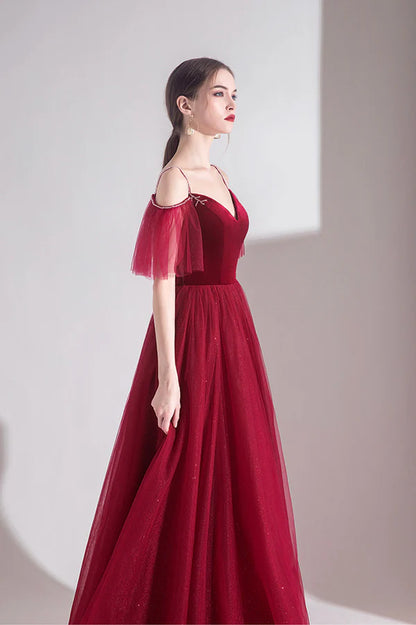 Burgundy Velvet Tulle Long A-Line Prom Dress V-Neck Evening Dress