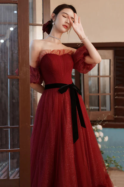 Burgundy Tulle Long A-Line Prom Dress Off the Shoulder Evening Dress