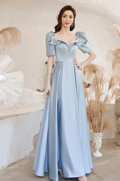 Blue Satin Long A-Line Prom Dress Blue Short Sleeve Evening Dress