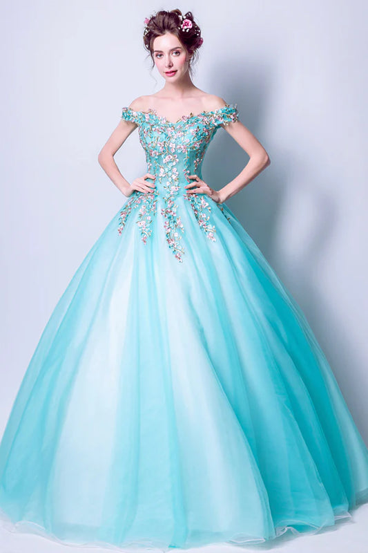 Blue Tulle Long A-Line Prom Dress with Lace Off the Shoulder Evening Dress