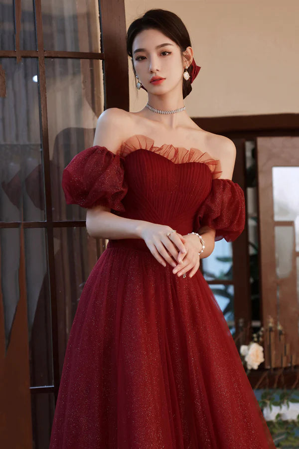 Burgundy Tulle Long A-Line Prom Dress Off the Shoulder Evening Dress