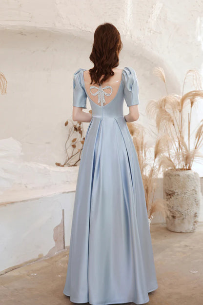 Blue Satin Long A-Line Prom Dress Blue Short Sleeve Evening Dress