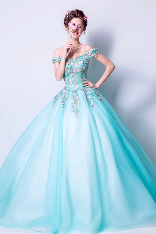 Blue Tulle Long A-Line Prom Dress with Lace Off the Shoulder Evening Dress