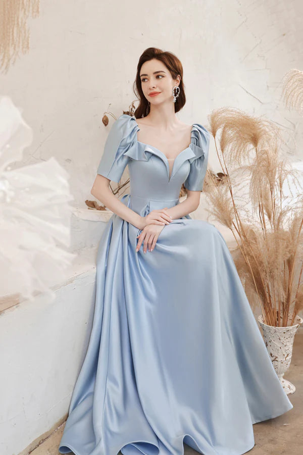 Blue Satin Long A-Line Prom Dress Blue Short Sleeve Evening Dress