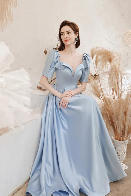 Blue Satin Long A-Line Prom Dress Blue Short Sleeve Evening Dress