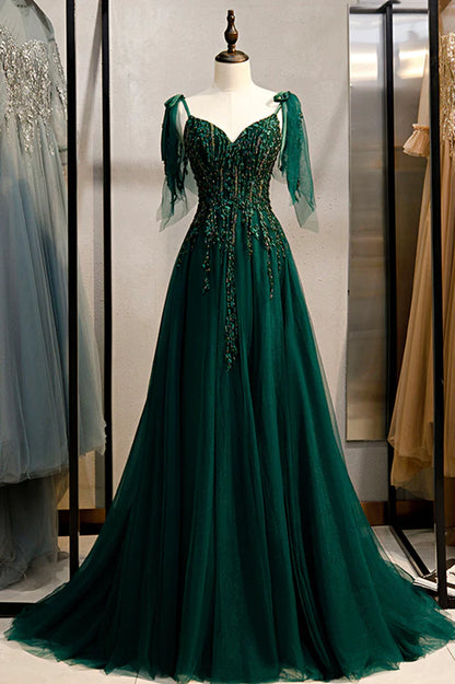 Green V-Neck Lace Long Prom Dress A-Line Spaghetti Straps Evening Dress