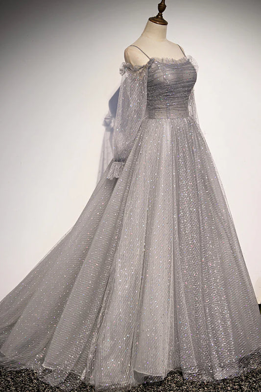 Gray Tulle Long Sleeve A-Line Prom Dress Spaghetti Straps Formal Evening Dress