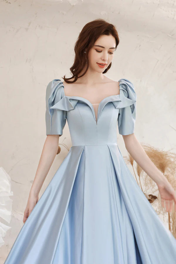 Blue Satin Long A-Line Prom Dress Blue Short Sleeve Evening Dress