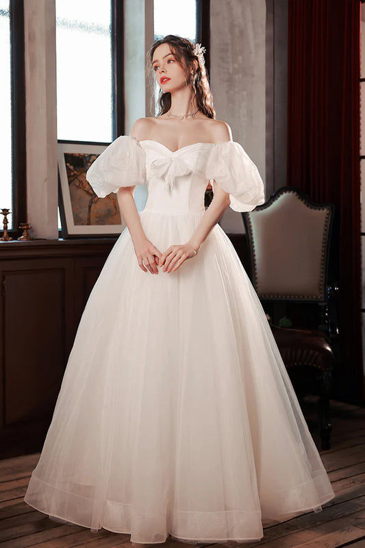 White Tulle Long Prom Dress Lovely A-Line Puff Sleeve Evening Dress