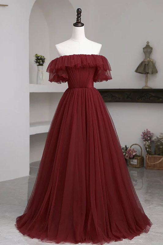 Burgundy Tulle Off the Shoulder Prom Dress Long A-Line Evening Dress