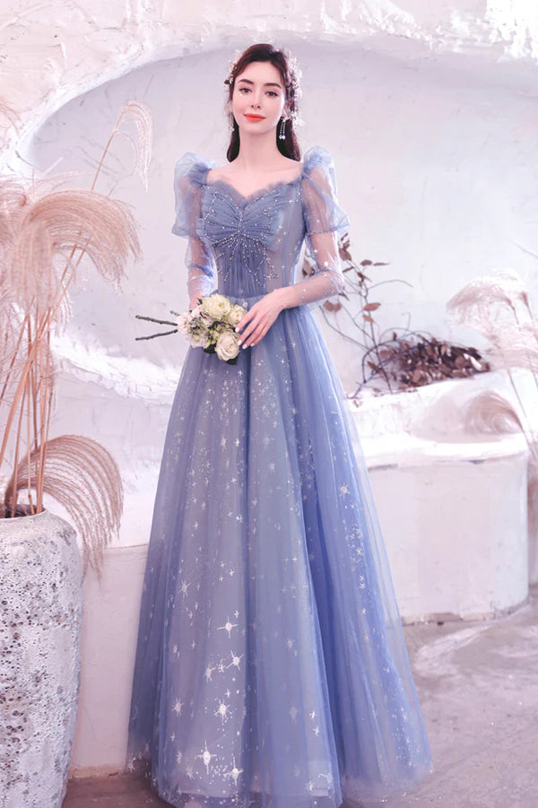 Blue Tulle Long Sleeve Prom Dress A-Line Long Sleeve Tulle Evening Party Dress