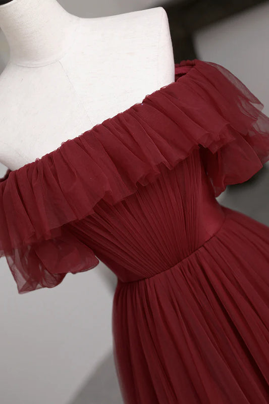 Burgundy Tulle Off the Shoulder Prom Dress Long A-Line Evening Dress