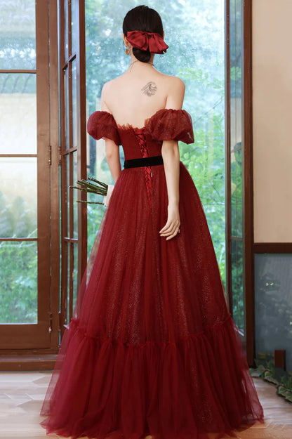 Burgundy Tulle Long A-Line Prom Dress Off the Shoulder Evening Dress