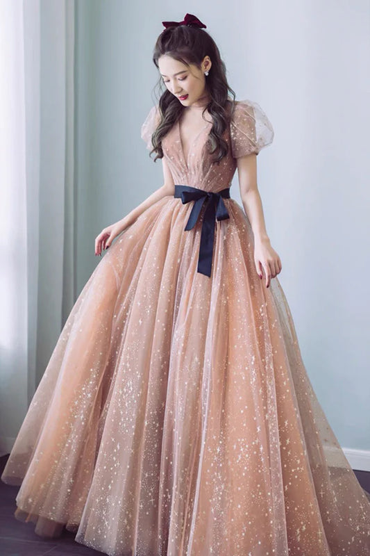 Cute Tulle Long Prom Dress with Bow A-Line Evening Graduation Dress