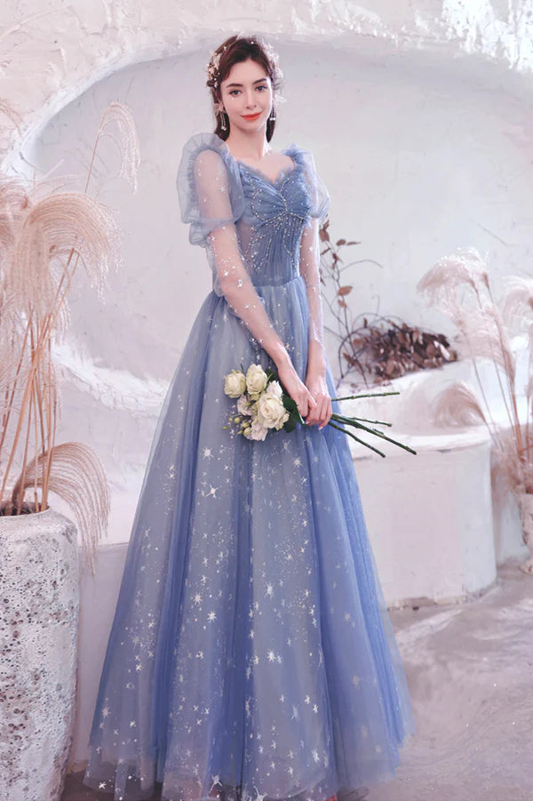 Blue Tulle Long Sleeve Prom Dress A-Line Long Sleeve Tulle Evening Party Dress